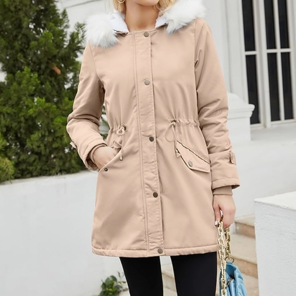 Jackets & Blazers - Women's Beige Fur-Trimmed Hooded Jacket